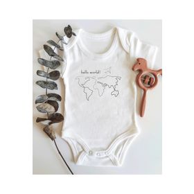 Limon Hello World Harita Desenli Kısa Kol Organik Bebek Body