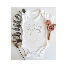 Limon Hello World Harita Desenli Kısa Kol Organik Bebek Body