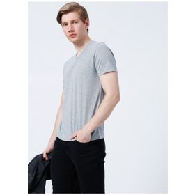 Limon Tom V Yaka Basic Düz Gri Melanj Erkek T-shirt
