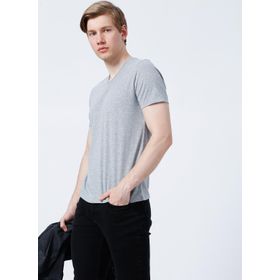 Limon Tom V Yaka Basic Düz Gri Melanj Erkek T-shirt