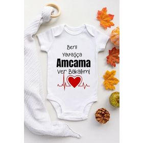Limon Unisex Bebek Beyaz Beni Yavaşca Amcama Ver Desenli Kısa Kol Body