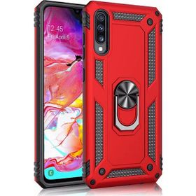 LionTech Samsung Galaxy A50 Zırh Koruma Yüzüklü Standlı Armor Ekran Koruma Kırmızı Silikon Kılıf