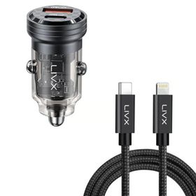 LivX Transparent 45W PD/QC Mini Araç Şarj Cihazı ve 1 m iPhone Hızlı Şarj Kablosu