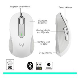 Logitech M650 Signature 910-006255 Beyaz Sessiz Küçük Boy Sağ El Kablosuz Mouse