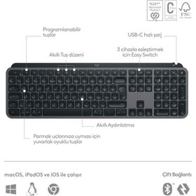 Logitech Siyah Gri Mx Keys Mac İçin Aydınlatmalı Tam Boyutlu Kablosuz İngilizce Q Klavye
