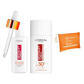 L'Oréal Paris Revitalift Clinical 12 Saf C Vitamini Aydınlatıcı Serum Revitalift Clinical SPF 50+ Günlük Yüksek Uv Korumalı Yüz Güneş Kremi 50 ml Çanta Cilt Bakım Seti