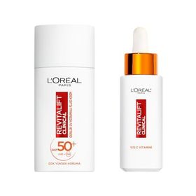 L'Oréal Paris Revitalift Clinical 12 Saf C Vitamini Aydınlatıcı Serum Revitalift Clinical SPF 50+ Günlük Yüksek Uv Korumalı Yüz Güneş Kremi 50 ml Çanta Cilt Bakım Seti