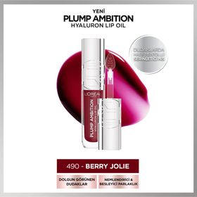 Loreal Paris 490 Berry Jolie Plump Ambition Hyaluron Lip Oil Besleyici ve Nemlendirici Dudak Parlatıcısı