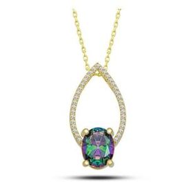 Lucky Gümüş Gold Oval Mistik Topaz Taşlı Damla Kadın Kolye