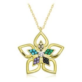 Lucky Gümüş Gold Renkli Taşlı Çiçek Kadın Kolye