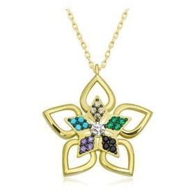 Lucky Gümüş Gold Renkli Taşlı Çiçek Kadın Kolye
