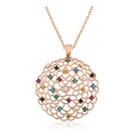Lucky Gümüş Rose Geometrik Desenli Madalyon Kolye