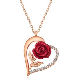 Lucky Gümüş Rose Kalpli Kırmızı Gül Kadın Kolye
