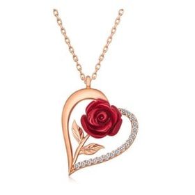 Lucky Gümüş Rose Kalpli Kırmızı Gül Kadın Kolye