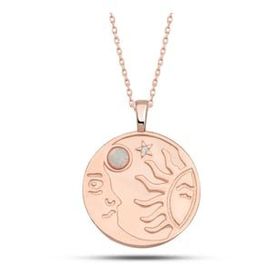 Lucky Gümüş Rose Opal Beyaz Taşlı Ay Güneş Kadın Kolye