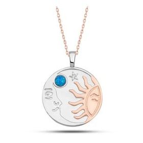 Lucky Gümüş Rose Opal Mavi Taşlı Ay Güneş Kadın Kolye