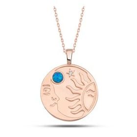 Lucky Gümüş Rose Opal Mavi Taşlı Ay Güneş Kadın Kolye