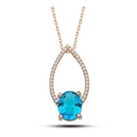 Lucky Gümüş Rose Turkuaz Oval Taşlı Kadın Kolye