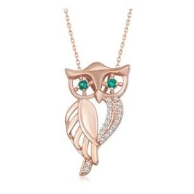 Lucky Gümüş Rose Yeşil Gözlü Baykuş Kadın Kolye