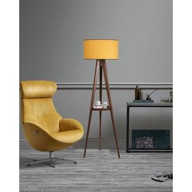 Lumexx Sehbalı Tripod Ceviz Silindir Hardal Abajurlu Lambader
