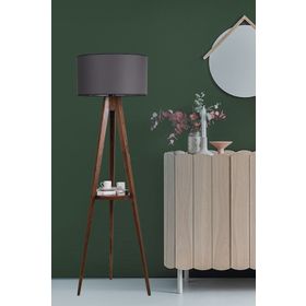 Lumexx Sehbalı Tripod Ceviz Silindir Koyu Gri Abajurlu Lambader