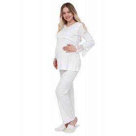 LuvmaBelly MYRA9510 Ekru Dantelli Düğmeli Flaplı Hamile Pijama Takımı