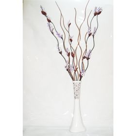 M3Decorium Beyaz Desenli 5 Adet Mor Çiçek 5 Adet Kahverengi Dal 60cm Vazo