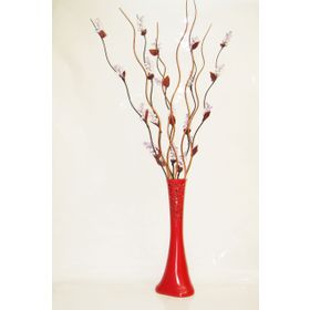 M3Decorium Desenli Kırmızı 5 Adet Mor Üzüm 5 Adet Kahve Dal 60cm Vazo