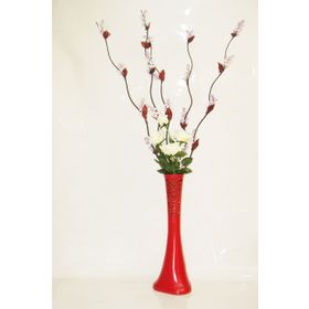 M3Decorium Desenli Kırmızı 5 Adet Mor Üzüm Beyaz Gül 60cm Vazo