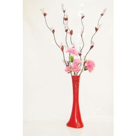M3Decorium Desenli Kırmızı 5 adet Mor Üzüm Pembe Çiçek 60cm Vazo