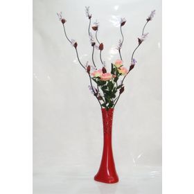 M3Decorium Desenli Kırmızı 5 adet Mor Üzüm Pembe Gül 60cm Vazo