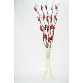 M3Decorium Desenli Krem 5 Adet Kırmızı Üzüm Çiçek 5adet Kahve Dal 60cm Vazo