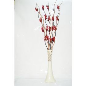 M3Decorium Desenli Krem 5 Adet Kırmızı Üzüm Çiçek 5adet Kahve Dal 60cm Vazo
