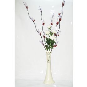 M3Decorium Desenli Krem Rengi 5 adet Mor Üzüm Beyaz Gül 60cm Vazo