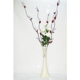 M3Decorium Desenli Krem Rengi 5 adet Mor Üzüm Beyaz Gül 60cm Vazo