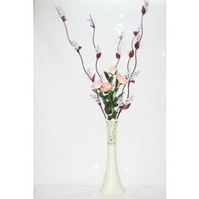 M3Decorium Desenli Krem Rengi 5 adet Mor Üzüm Pembe Gül 60cm Vazo