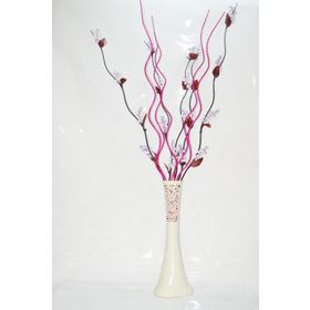 M3Decorium Desenli Krem Üzüm ve Fuşya Dallar 60cm Vazo
