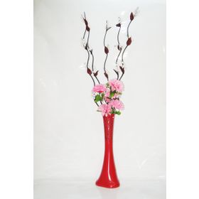 M3Decorium Kırmızı Desenli 5 adet Beyaz Üzüm ve Pembe Çiçekler 60cm Vazo
