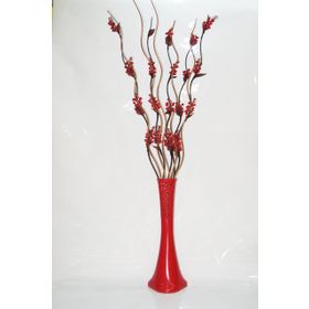 M3Decorium Kırmızı Desenli 5 Adet Kırmızı Üzüm 5 Adet Kahve Dal 60cm Vazo