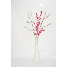M3Decorium Krem Rengi İşlemeli Pembe Fuşya Bahar Dalı 60cm Vazo