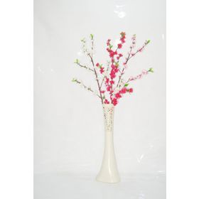 M3Decorium Krem Rengi İşlemeli Pembe Fuşya Bahar Dalı 60cm Vazo