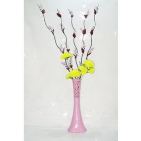 M3Decorium Pudra Pembe Desenli Uzun 5 Adet Mor Üzüm Sarı Ortanca 60cm Vazo