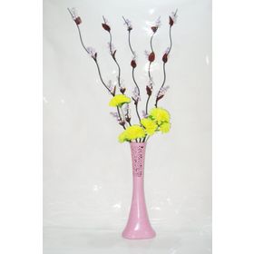 M3Decorium Pudra Pembe Desenli Uzun 5 Adet Mor Üzüm Sarı Ortanca 60cm Vazo