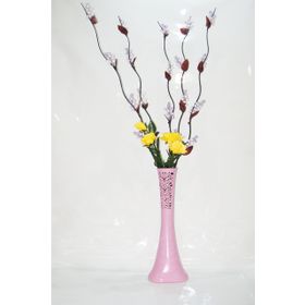 M3Decorium Pudra Pembe Desenli Uzun 5 Mor Üzüm Dalı Sarı 4 Gül 60cm Vazo