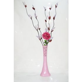 M3Decorium Uzun Pudra Pembe Desenli 5 Adet Mor Üzüm 1 Mor Ortanca 60cm Vazo