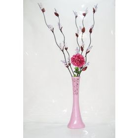 M3Decorium Uzun Pudra Pembe Desenli 5 Adet Mor Üzüm 1 Mor Ortanca 60cm Vazo