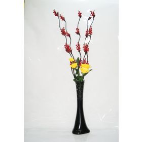 M3Decorium Uzun Siyah Desenli 5 Adet Kırmızı Üzüm Çiçek Sarı Gül 60cm Vazo