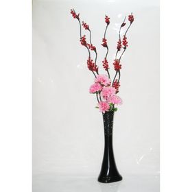 M3Decorium Uzun Siyah Desenli 5 Kırmızı Üzüm Dalı 5 Pembe Ortanca 60cm Vazo