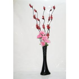 M3Decorium Uzun Siyah Desenli 5 Kırmızı Üzüm Dalı 5 Pembe Ortanca 60cm Vazo