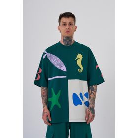 Machinist 87 Sea Shells Baskılı Petrol Yeşili Gri Oversize Erkek T-shirt